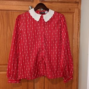 Vintage rrrruss women size L red white striped pure silk dress shirt button up